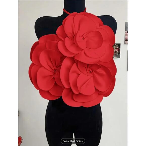 Red Oversized 3D Flower Halter Crop Top –  Backless Party & Festival Blouse - Picture 1 of 5
